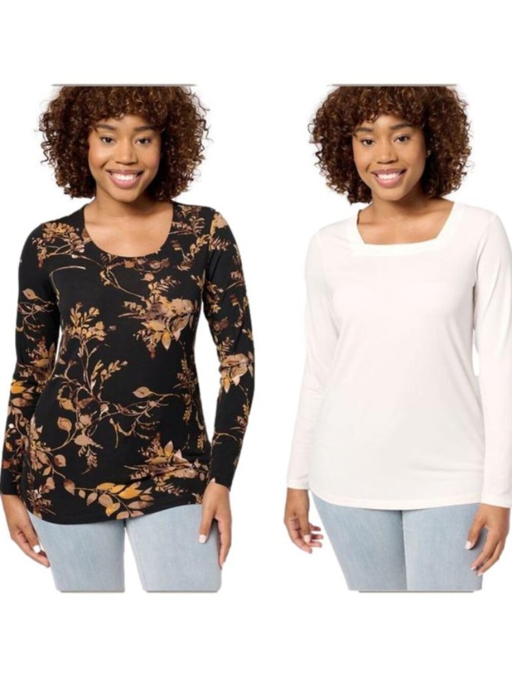 Susan Graver Print and Solid Liquid Knit Set of Two Tops Neutral/Ivory XXS